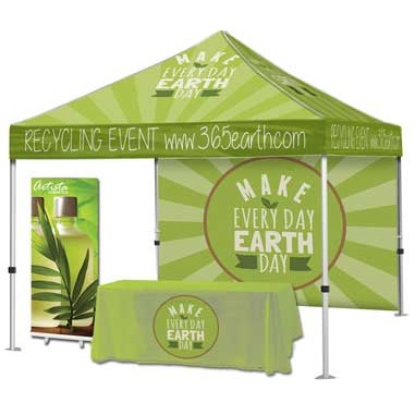 Aluminum Event Tent Package #3 – Tent + Full Back Wall + Throw + Banner Stand